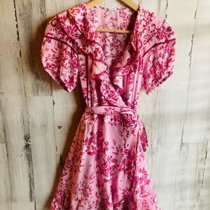 NWOT $350 Poupette St. Barth Aude Mini Dress Wrap S Short Sleeve Pink Preppy